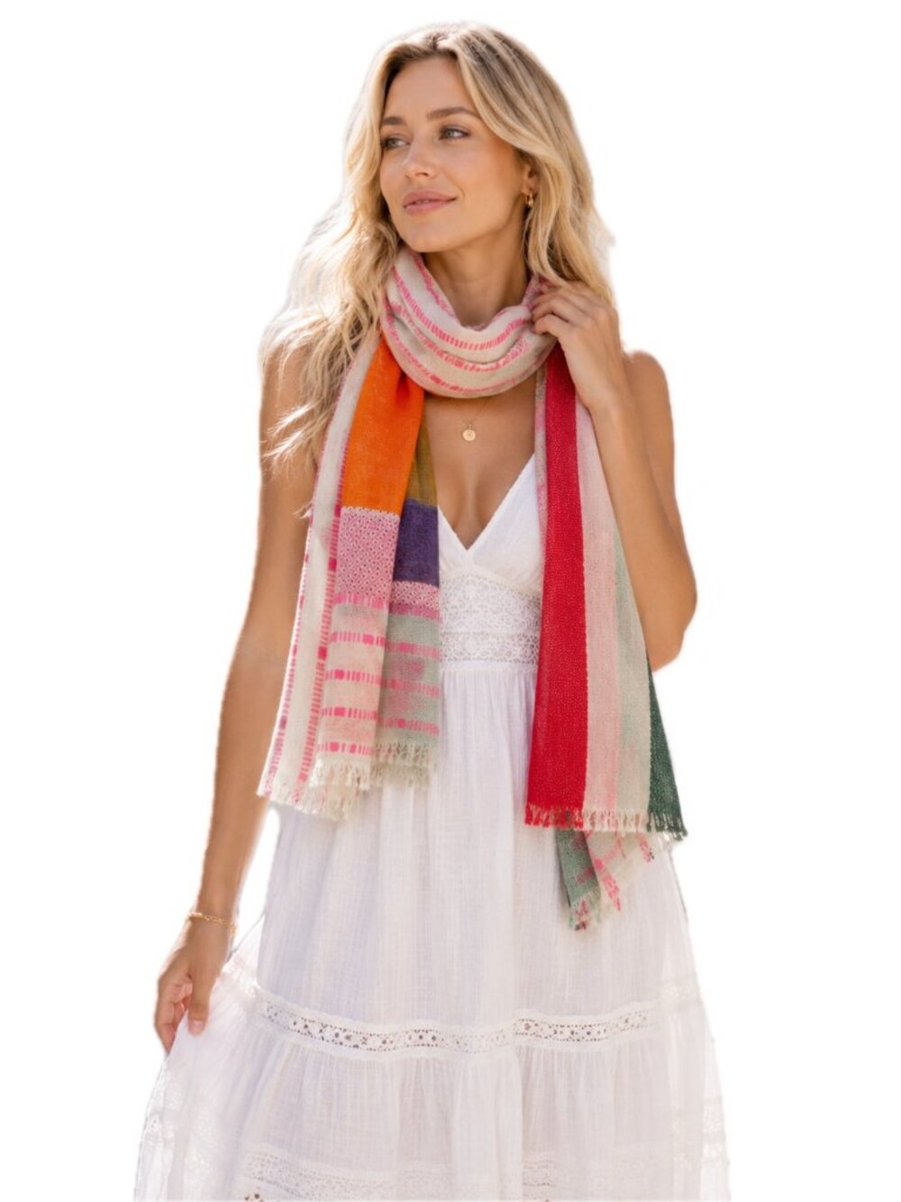 CAbi Lightweight Geometric Multi-Color Print Scarf Red Orange White Pink Gray EC